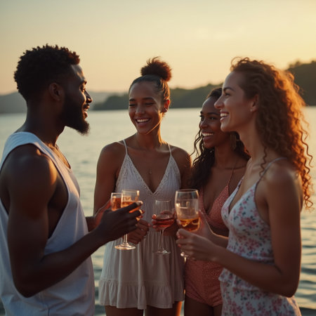 Multi-ethnic group of friends having party on the beach, clinking glasses of wineの素材