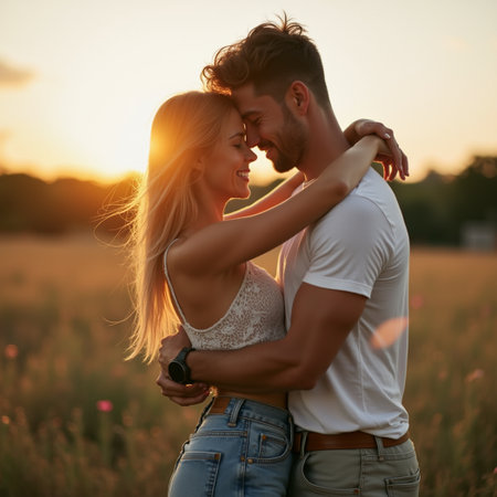 Beautiful young couple hugging and kissing in the field at sunset.の素材