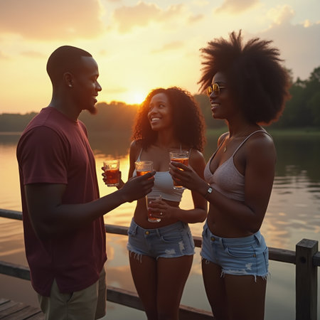 Two african american men and women drinking cocktails on pier at sunsetの素材