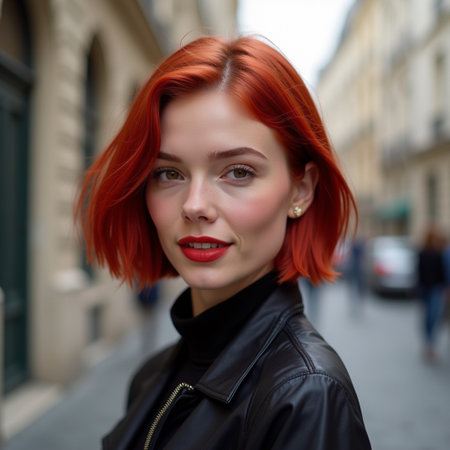 Portrait of beautiful woman with red hair in the city street.の素材