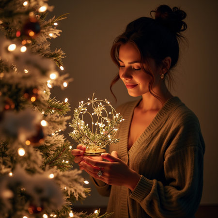 Beautiful young woman decorating christmas tree at home. New Year and Christmas concept.の素材