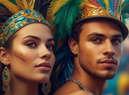 Beautiful young couple of man and woman in carnival costume.の素材