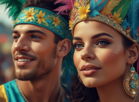 Close-up portrait of a beautiful young couple wearing colorful headdressの素材