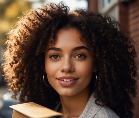 Closeup portrait of a beautiful young African American woman with curly hair, holding a book.の素材