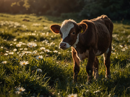 Cute calf in the meadow with daisies at sunsetの素材