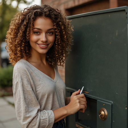 Smiling young woman with curly hair standing in front of the mail boxの素材