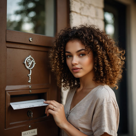 Portrait of a beautiful young woman with curly hair standing in front of a mailboxの素材