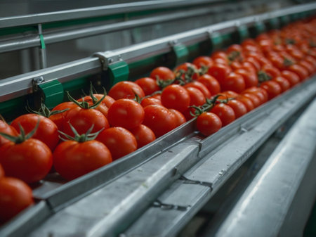 Tomatoes in a row on conveyor belt in a modern factoryの素材