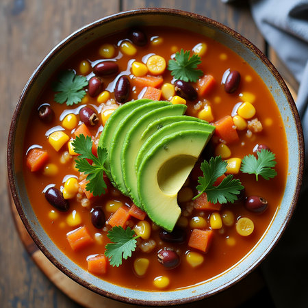 Mexican chili con carne in bowl on wooden background, top viewの素材