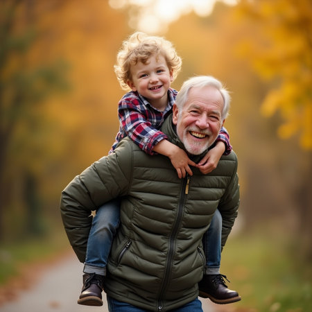 Grandfather and grandson having fun in autumn park. Grandfather and grandson having fun outdoors.の素材