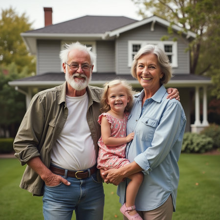 Portrait of happy senior couple with granddaughter standing in front of houseの素材