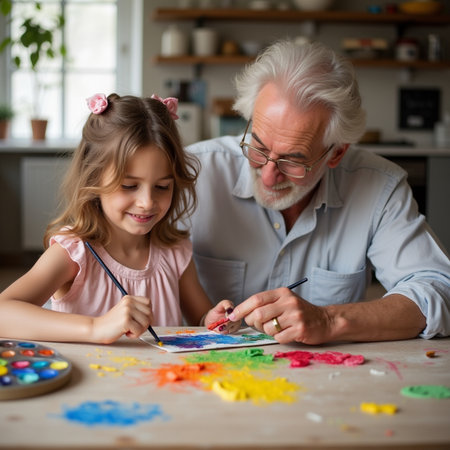 Grandfather and granddaughter painting together at home. Happy family concept.の素材