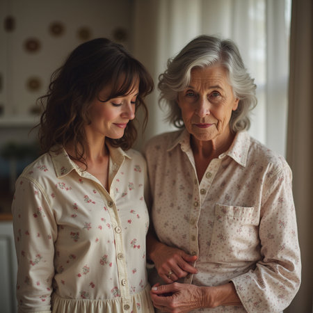Portrait of a senior woman with her adult daughter at home.の素材
