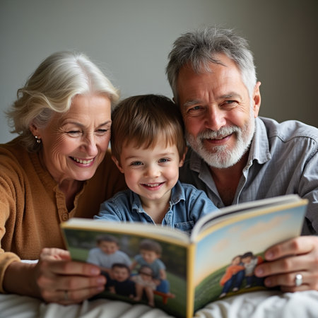 Portrait of a senior couple with their grandson reading a book togetherの素材