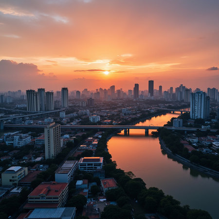 Aerial view of cityscape at sunset, Bangkok, Thailand.の素材