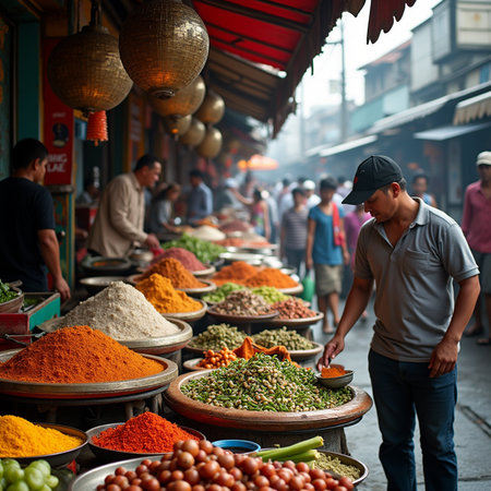 View of unknowns Nepali people selling spices in the street of Kathmandu in the morningの素材