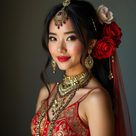 Portrait of beautiful Asian woman in Indian costume with red lipsの素材
