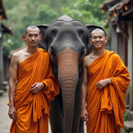 Two Buddhist monks with an elephant in Ayutthayaの素材