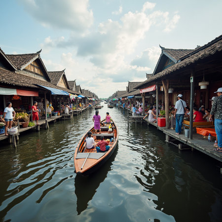 Tourists and locals visit the floating market in Ratchaburi, Thailand.の素材