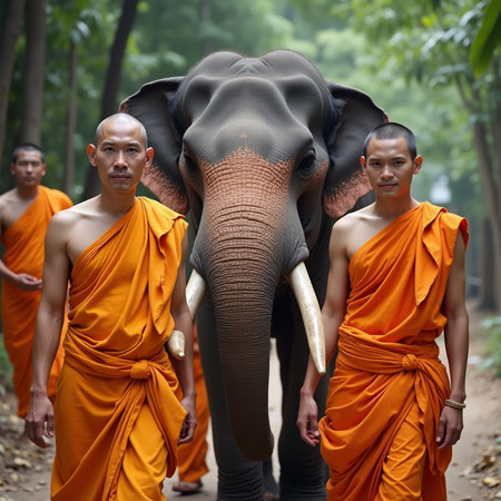 A group of Buddhist monks walk with an elephant.の素材