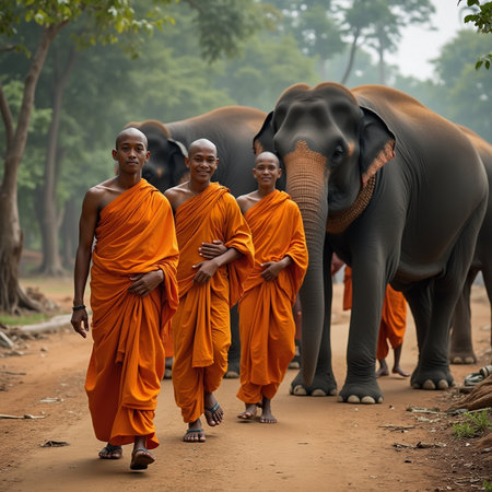 Monks with elephants at the Kolkata Zoo.の素材