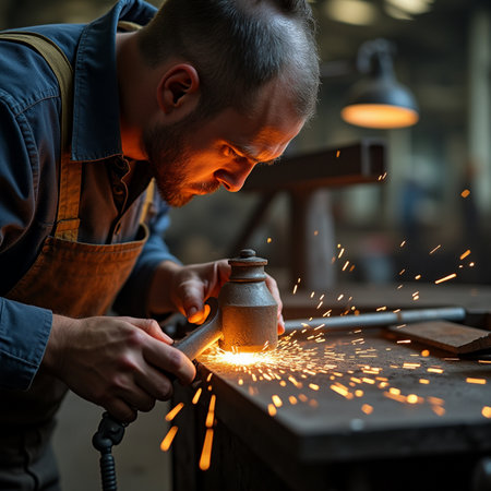 Worker working with angle grinder in a metal workshop, sparks fly in different directionsの素材