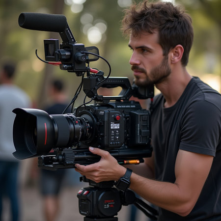 Young male videographer with professional video camera on a tripod, ready for shootingの素材