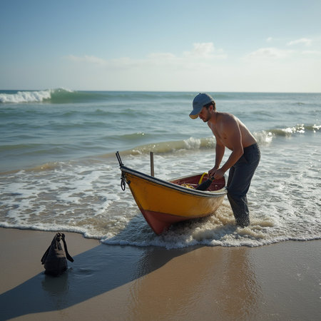 Fisherman in a boat on the beach of the Indian Oceanの素材