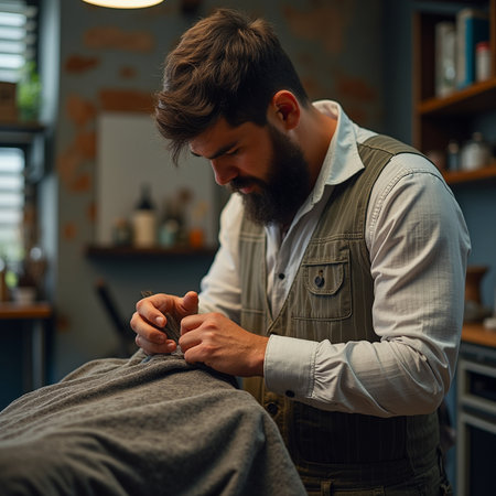 Handsome bearded barber in apron working with client.の素材