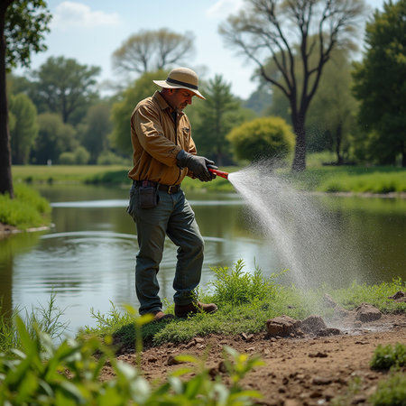 Farmer spraying water from a watering can on the river bank.の素材