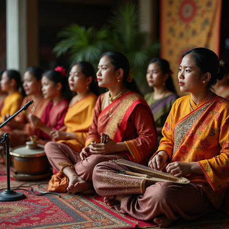 Unidentified Buddhist monks playing musical instruments in the temple.の素材