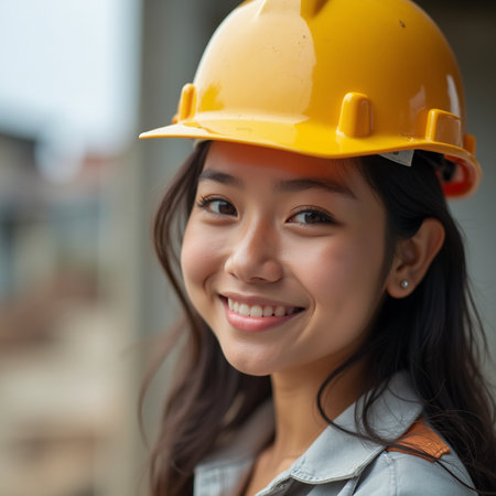 portrait of young Asian woman construction worker in hard hat smilingの素材