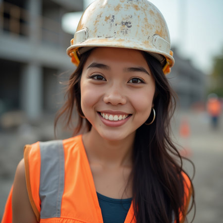 portrait of Asian female construction worker smiling and looking at cameraの素材