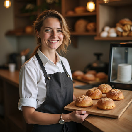 Smiling waitress holding tray with freshly baked buns in a bakeryの素材