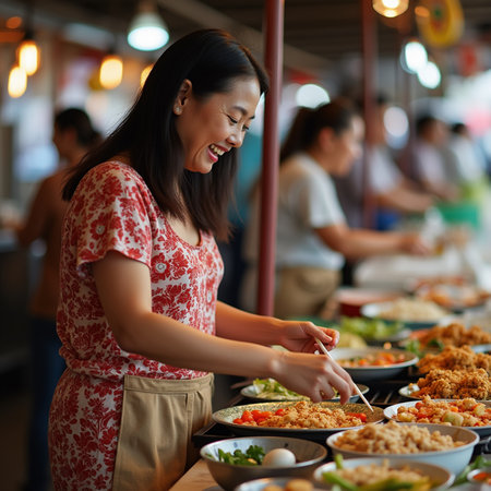 Asian woman eating thai food in restaurant. Thai traditional food.の素材