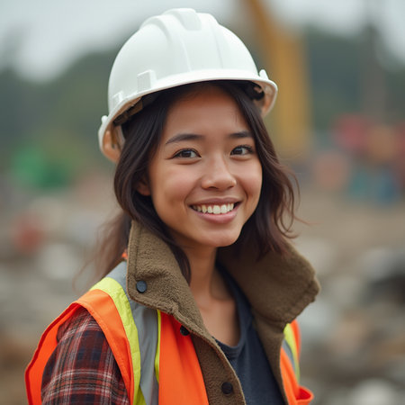 Portrait of young Asian female construction worker smiling and looking at cameraの素材