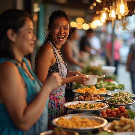 Group of asian friends eating at a street food stall in Bangkok, Thailandの素材