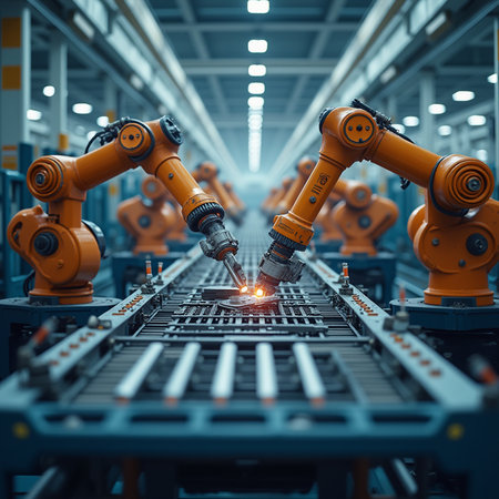 Smart industry robot arms for digital factory production technology showing automation manufacturing process of the Industry 4.0の素材