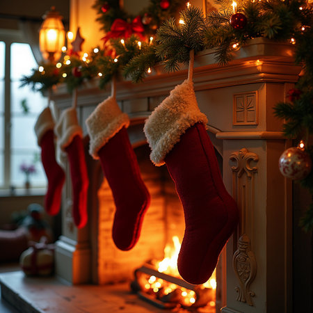 Christmas socks on the background of a fireplace in a cozy room.の素材