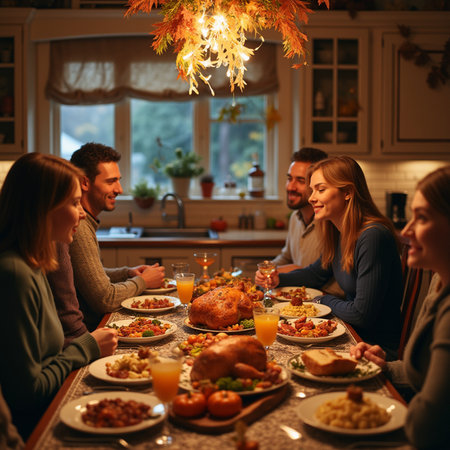 Group of friends having a Thanksgiving dinner at home, sitting around the tableの素材