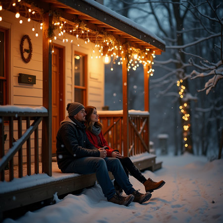 Couple in love sitting on the porch of a house in a snowy forest.の素材