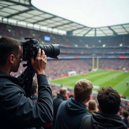 Cameraman with professional camera on the background of the football stadiumの素材