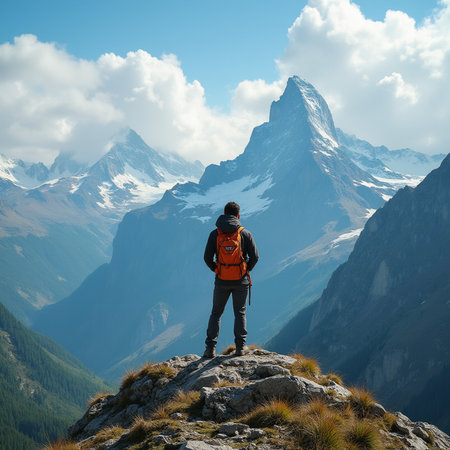 Hiker on the top of a mountain with a view of the Matterhornの素材