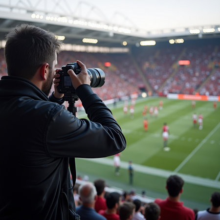 Rear view of a photographer taking a photo of a football matchの素材
