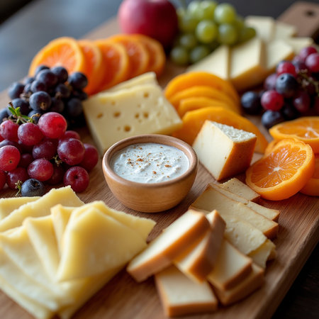 Cheese platter with different types of cheese and fruits on wooden boardの素材