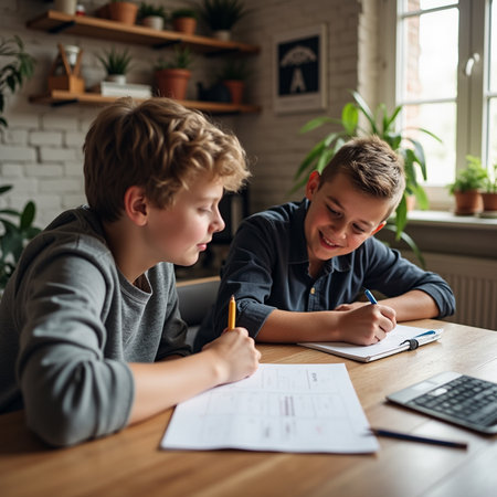 Two boys doing homework at home. Boy sitting at table and writing in notebook.の素材
