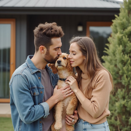 Young couple with a dog on the background of a new house.の素材
