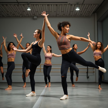Group of young sporty women dancing hip-hop in studio.の素材