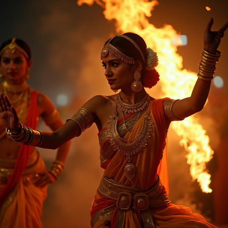 Indian woman performing Dandiya dance with fire in the background.の素材