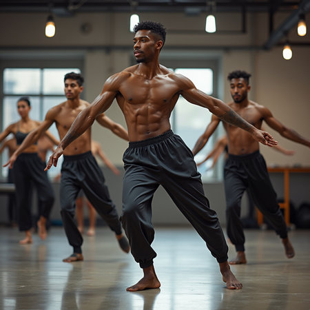 Handsome african american man dancing hip hop in studioの素材